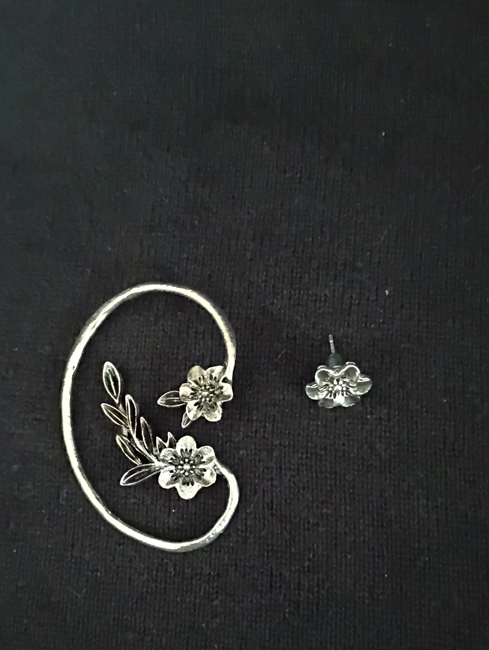 Floral Silver Ear Cuff and Stud Earring Set - Silver